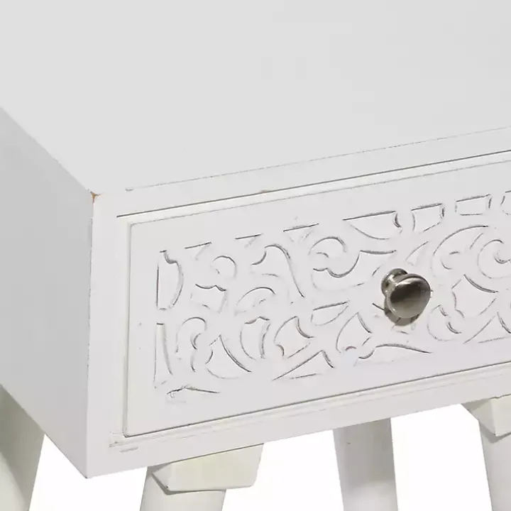 White Wood Carved Drawer Accent Table