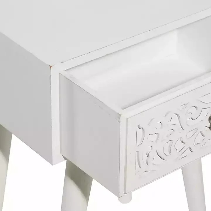 White Wood Carved Drawer Accent Table