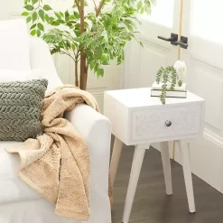 White Wood Carved Drawer Accent Table