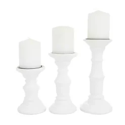 White Wood Column Pillar Candle Holders, Set of 3