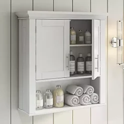 White Wood 2-Door Open Shelf Wall Cabinet