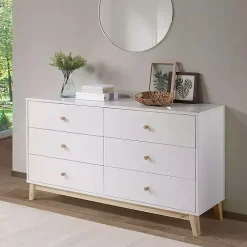 White Wood 6-Drawer Footed Dresser