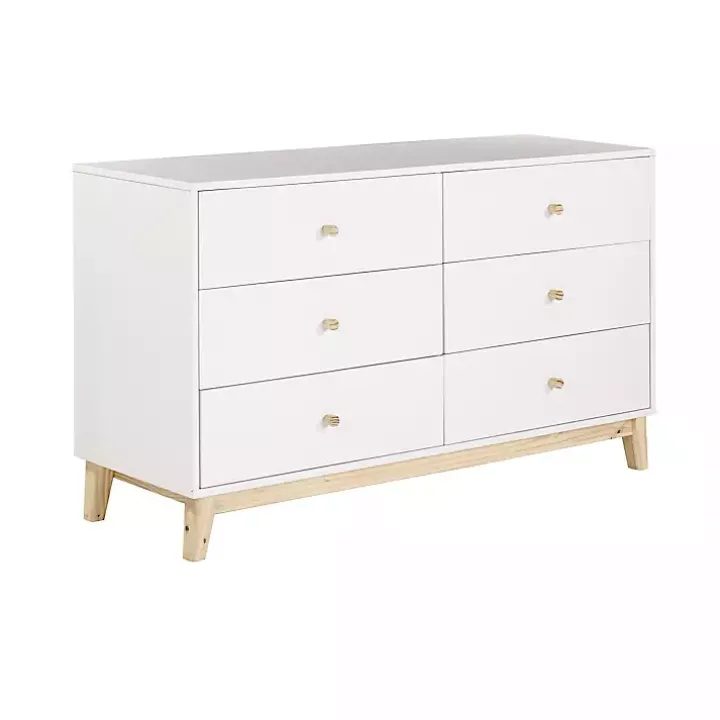 White Wood 6-Drawer Footed Dresser