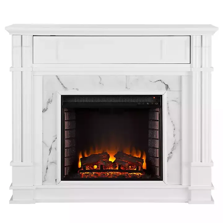 White Wood Faux Marble LED Media Fireplace