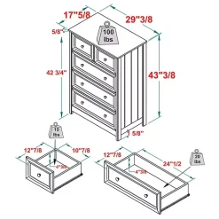 White Wood Five Framed Drawers Dresser