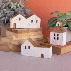White Wood House Figurines, Set of 3