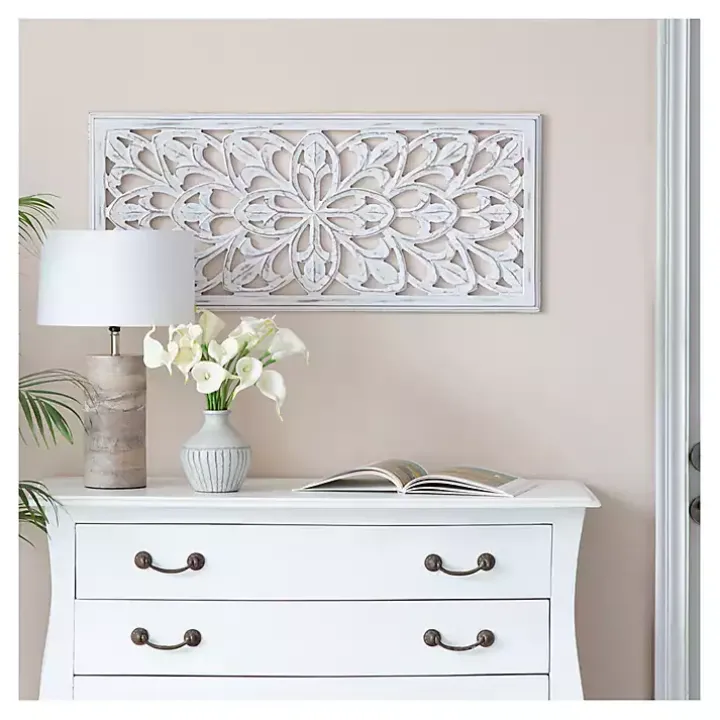 White Wood Medallion August Wall Plaque