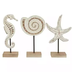 White Wood Sea Creature Statues, Set of 3