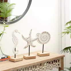 White Wood Sea Creature Statues, Set of 3
