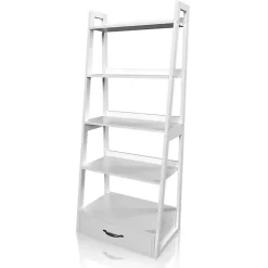 White Wood 5-Shelf Leaning Bookshelf
