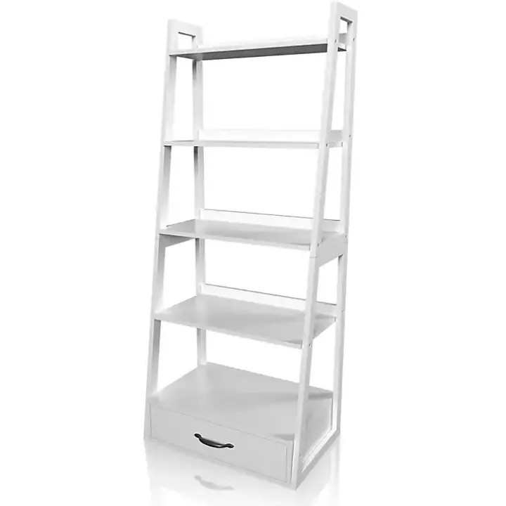 White Wood 5-Shelf Leaning Bookshelf