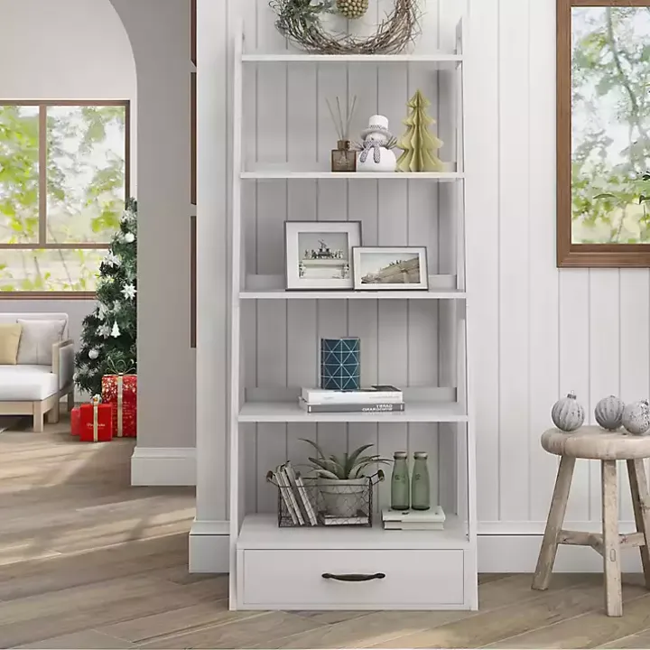 White Wood 5-Shelf Leaning Bookshelf