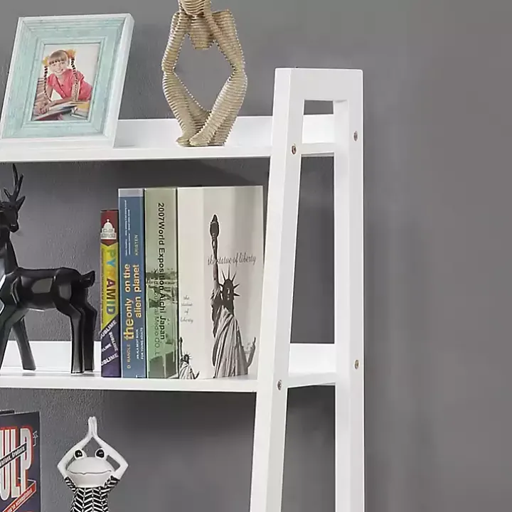 White Wood 5-Shelf Leaning Bookshelf