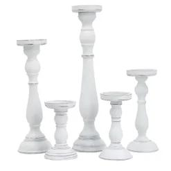 White Wood Spindle Taper Candle Holders, Set of 5