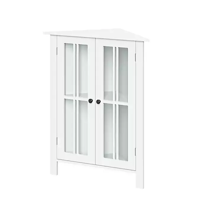White Wood Two Pane Glass Doors Corner Cabinet