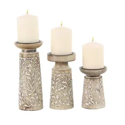 Whitewash Floral Mango Candlesticks, Set of 3