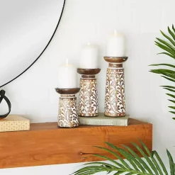 Whitewash Floral Mango Candlesticks, Set of 3