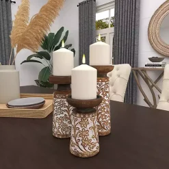 Whitewash Floral Mango Candlesticks, Set of 3