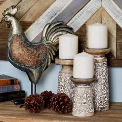 Whitewash Floral Mango Candlesticks, Set of 3