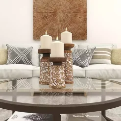 Whitewash Floral Mango Candlesticks, Set of 3