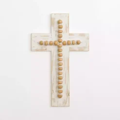 Whitewashed Beaded Wood Cross Wall Plaque