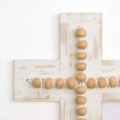Whitewashed Beaded Wood Cross Wall Plaque