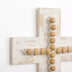 Whitewashed Beaded Wood Cross Wall Plaque