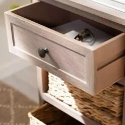Whitewashed Brown Wood Side Table with Baskets