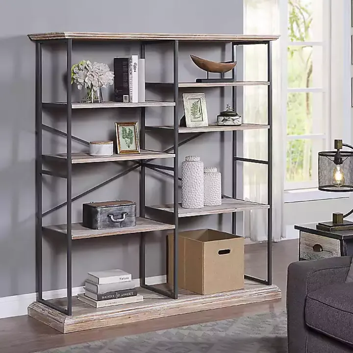 Whitewashed Etagere Industrial Bookcase