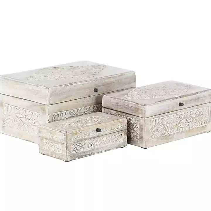Whitewashed Floral Carved Wood Boxes, Set of 3
