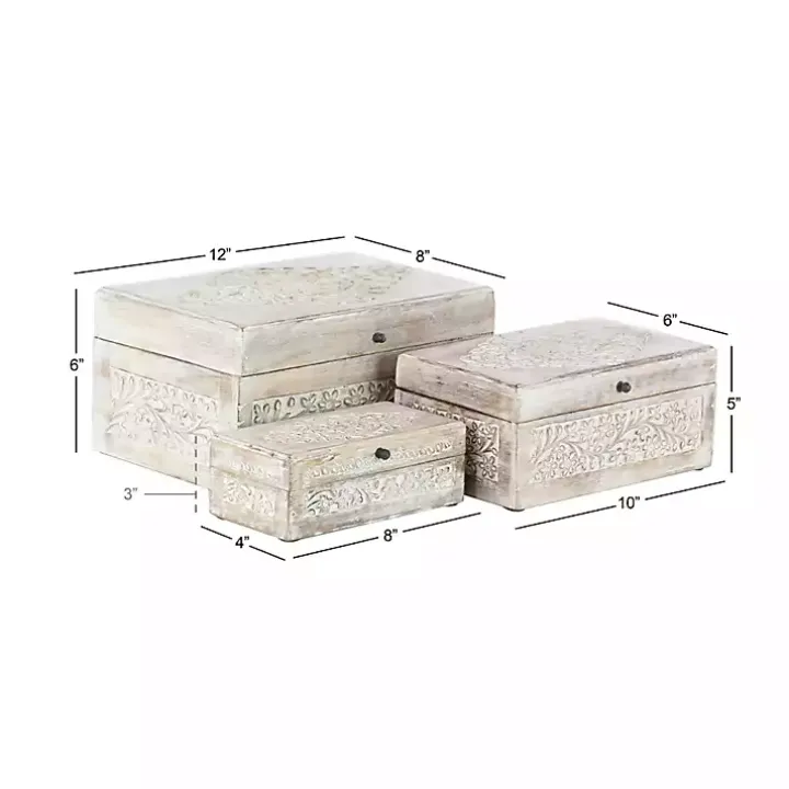 Whitewashed Floral Carved Wood Boxes, Set of 3