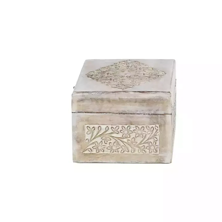 Whitewashed Floral Carved Wood Boxes, Set of 3