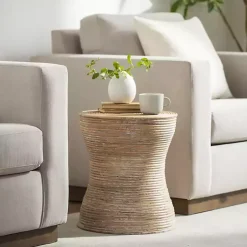 Whitewashed Natural Rattan Accent Table