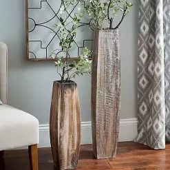 Whitewashed Oblong Wooden Vases, Set of 2