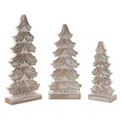 Whitewashed Wood Carved Pine Trees, Set of 3