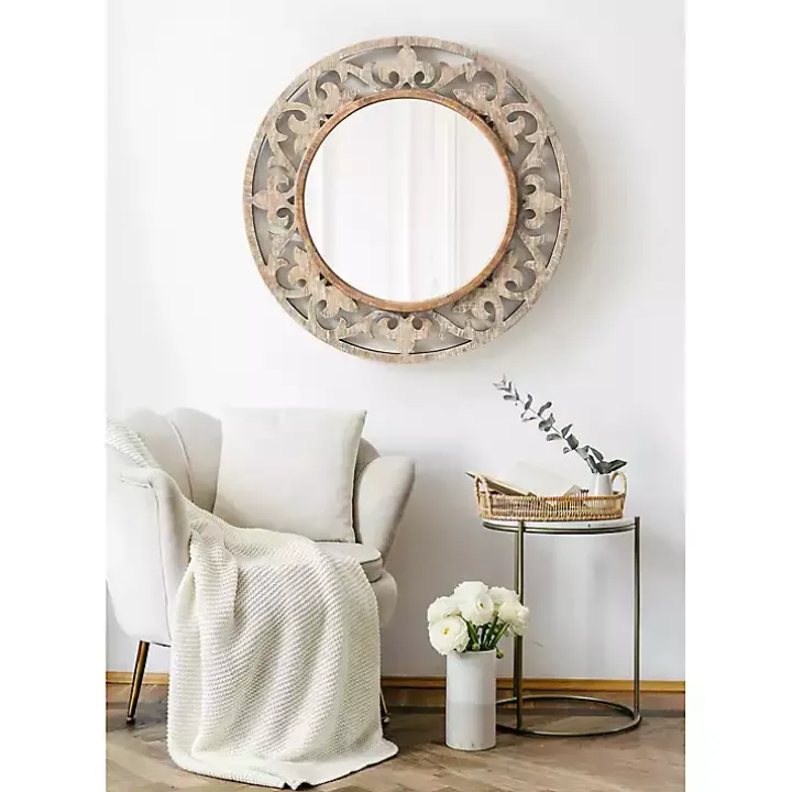 Whitewashed Wood Round Shavali Mirror