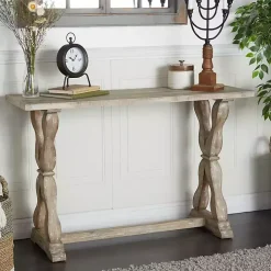 Whitewashed Wood Trestle Base Console Table