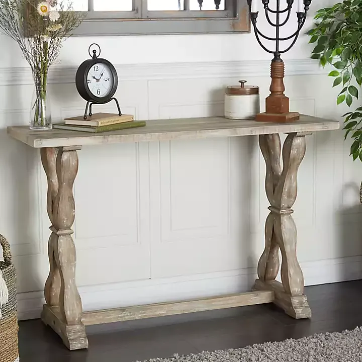 Whitewashed Wood Trestle Base Console Table