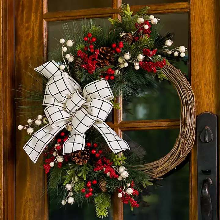 Windowpane Plaid Berry Bow Wreath