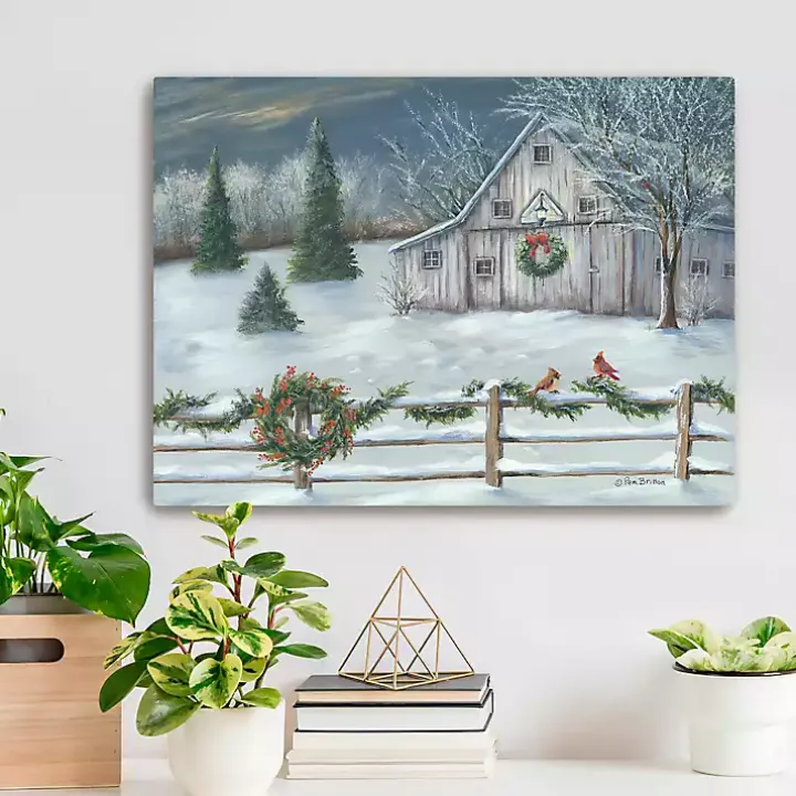 Winter Barn with Wreath Christmas Canvas Art Print