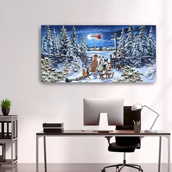 Winter Pets Watching Santa Canvas Art Print