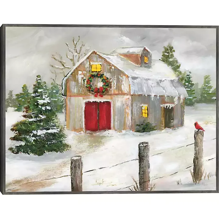 Winter Red Door Barn Framed Art Print