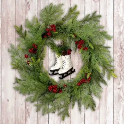 Winter Skates Christmas Wreath with Red Berries