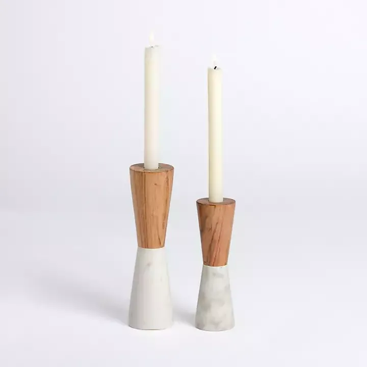 Wood & Marble Taper Candle Holders, Set of 2