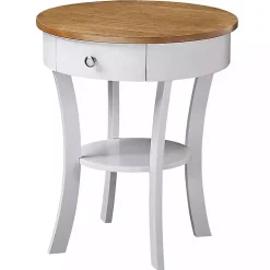 Wood & White Curved Legs Round Drawer Accent Table