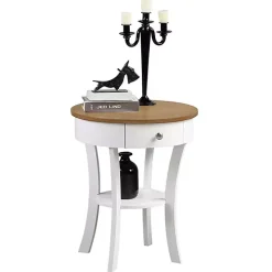 Wood & White Curved Legs Round Drawer Accent Table