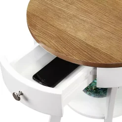 Wood & White Curved Legs Round Drawer Accent Table