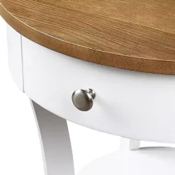 Wood & White Curved Legs Round Drawer Accent Table