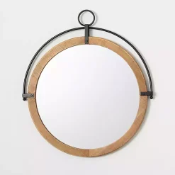 Wood and Black Metal Modern Round Wall Mirror
