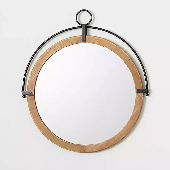Wood and Black Metal Modern Round Wall Mirror